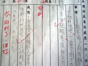 洋洋在家庭联络簿上纪录一周的心得。红笔为李长柏与洋洋的互动。