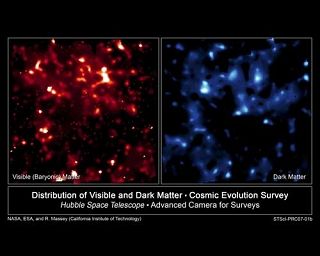 可见物质和暗物质在宇宙中的分布。（NASA）