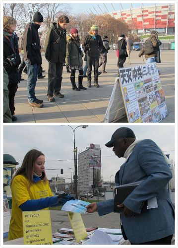 '参加会议的代表们在观看法轮功真相展板,学员讲真相'
