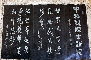 中国科学院李延栋等两位院士现场对“亡共石”进行科学鉴定后亲笔题词。(网络图片)
