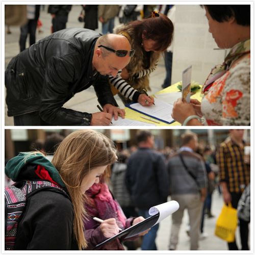 民众签名要求联合国调查中共活摘法轮功学员器官的罪行