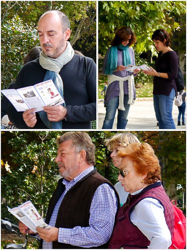 图3-5:法轮功学员炼功时祥和的音乐,轻柔的动作,吸引了很多游客驻足观看,有的还模仿炼功动作,也有的拿起真相资料,了解什么是法轮功