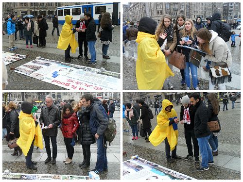 各国游客来到展板面前，聆听法轮功学员介绍发生在中国的迫害