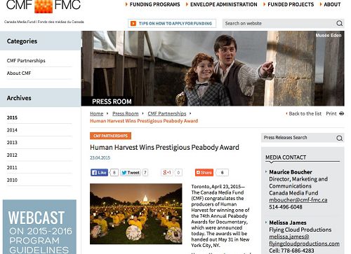 加拿大媒体基金四月二十三日早上发布新闻公告,宣布纪录片《活摘》获奖。