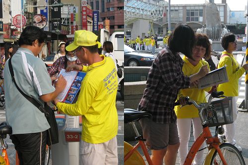 图7-8:来往的人们听着学员讲述发生在大陆迫害的真相,接过笔在举报联署书上签下名字。