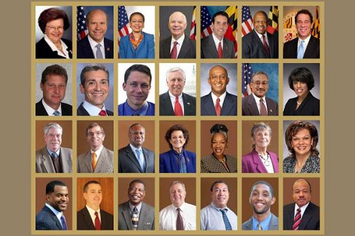 图1:代表马里兰州的美国国会参议员、众议员、州参众以及多个郡、市给法轮功学员颁发褒奖和贺信。