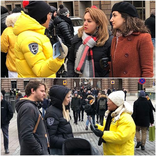 '图1：圣诞节前在斯德哥尔摩市中心、最热闹地皇宫旁的钱币广场上，法轮功学员讲述中共迫害的事实真相。'