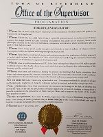 纽约长岛河源镇镇长(Town of Riverhead)肖恩•沃尔特颁发的褒奖