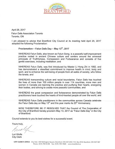 Brantford市宣布5月13日为法轮大法日褒奖