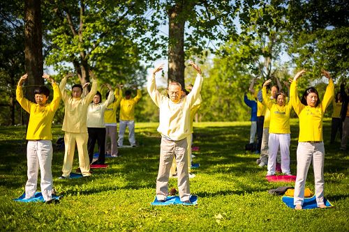 '图：法轮功学员在圣路易市森林公园集体炼功，庆祝即将来临的世界法轮大法日'