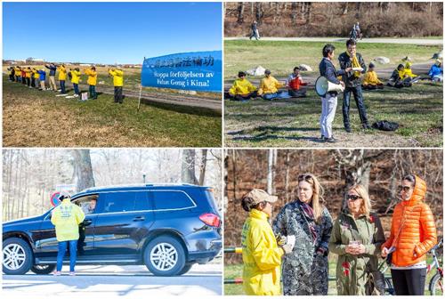 '图1：瑞典法轮功学员整齐地排列在中使馆对面，静静地打坐炼功，纪念“四·二五”和平上访十九周年，声援三亿中国民众退出中共党、团、队组织（简称三<span