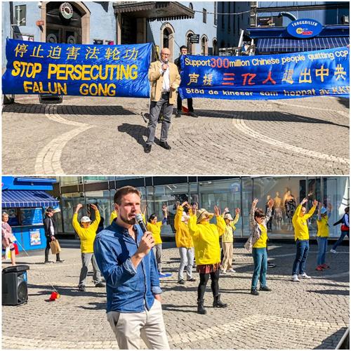 '图5：法轮功学员透过扬声器用英、瑞文向来自世界各地的民众讲述四·二五经过和背景，揭露中共迫害法轮功学员以及活摘法轮功学员器官的罪恶，同时介绍三<span