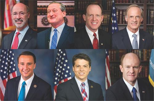 '图1:宾州州长等政要祝贺法轮大法洪传二十六周年。上图,上排左起:宾州州长汤姆·沃尔夫(Tom