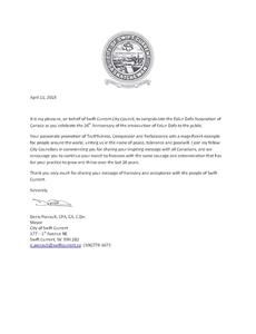 '图4:萨斯喀彻温省Swift Current市长Denis Perrault的贺信'