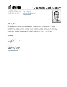 '图8:多伦多市议员Josh Matlow的贺信'
