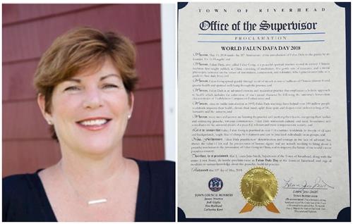 '图6:纽约长岛河源镇镇长(Town of Riverhead)劳拉•简-史密斯(Laura Jens-Smith)颁发褒奖法轮大法。'