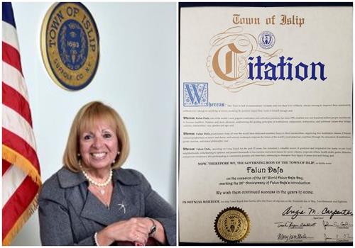 '图8:纽约长岛艾斯利普镇镇长(Town of Islip)安吉•卡朋特(Angie M. Carpenter)褒奖“法轮大法”,赞扬法轮大法给社区和人类带来的福祉。'