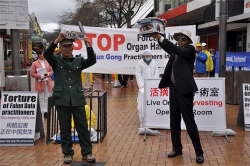'图2:威灵顿古巴街上,法轮功学员揭露迫害的酷刑展和活摘贩卖人体器官的模拟演示帮助人们了解迫害的残酷。'