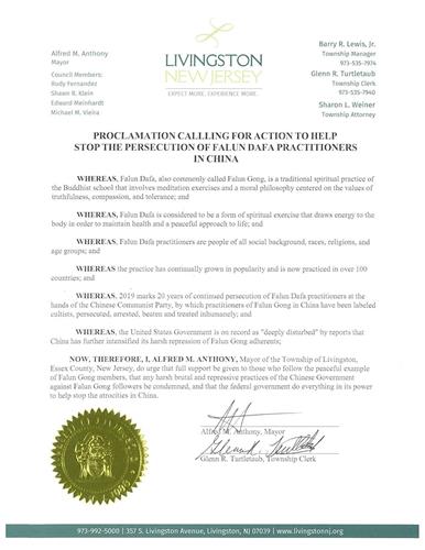 '图3:李文斯顿市市长阿菲尔得·安东尼(Alfred Anthony)发布的褒奖状'