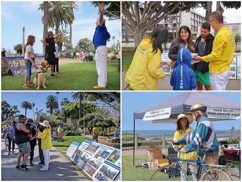 图7：法轮功学员的庆祝活动，吸引过往民众驻足了解法轮功，有的当场学功，有的签名支持法轮功学员制止迫害。