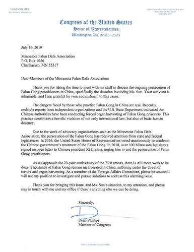 '图1：美国国会议员迪恩·菲利普斯（Dean Philips）致信明尼苏达州法轮大法学会，关注法轮功学员遭受中共迫害的情况。'