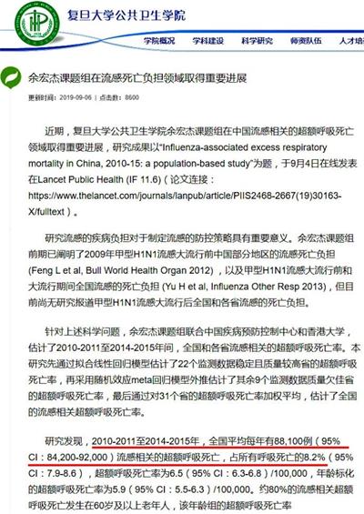 '图3：复旦大学公共卫生学院研究成果报告：全国每年流感超额（相关呼吸道疾病）死亡超过8.8万人'