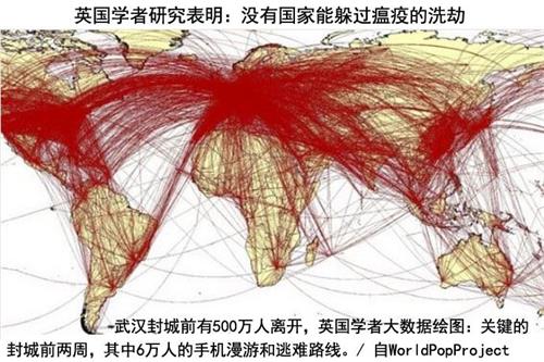 '图:英国研究者大数据绘制6万武汉逃难者的旅行路线图,预测瘟疫的世界性爆发。'