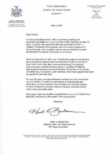 '图10:纽约州第九十八选区众议员卡尔·布拉贝内克(Karl Brabenec)的贺信。'