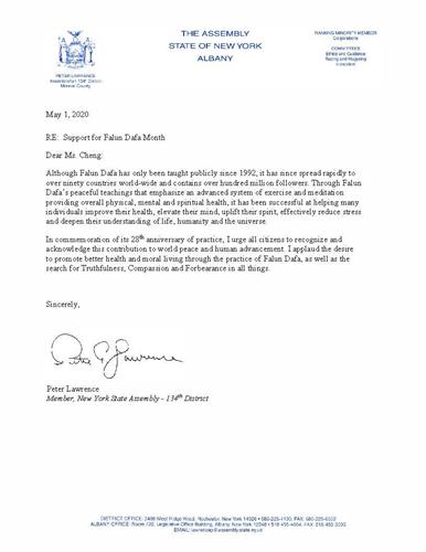 '图11:纽约州第一三四选区众议员彼得·劳伦斯(Peter A. Lawrence)的贺信。'