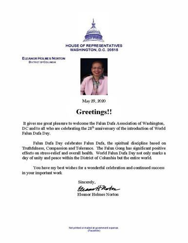 '图：美国首都华盛顿哥伦比亚特区联邦众议员埃莉诺·霍姆斯·诺顿（Eleanor Holmes Norton）致信祝贺世界法轮大法日及法轮大法传世二十八周年。'