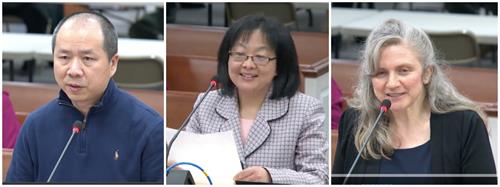 图4: 法轮功学员代表在会上发言。从左至右:亚历克斯·王(Alex Wang)、蒂娜。唐(Tiny Tang)和凯瑞·努涅斯(Kery Nunez)