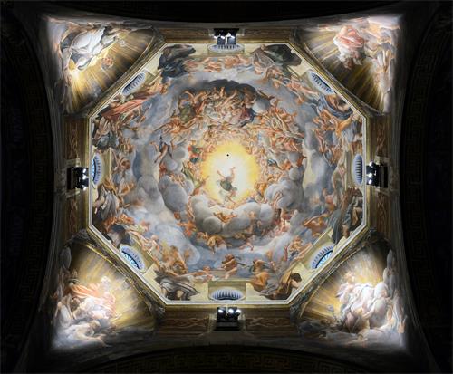 图例:意大利画家科雷吉欧(Antonio da Correggio)为帕尔马主教座堂(Duomo di Parma)创作的天顶画《圣母升天图》(Assunzione della Vergine),作于1526年~ 1530年。