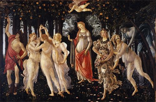 图例:意大利画家波提切利(Botticelli)的作品《春》(Primavera),203厘米 × 314厘米,木板坦培拉,约作于1478年~1482年间。作品描绘了神话时代里的几位神祇,画中几位女神身上透明的白色轻纱薄衣就是用透明和半透明色描绘在皮肤色层之上的。