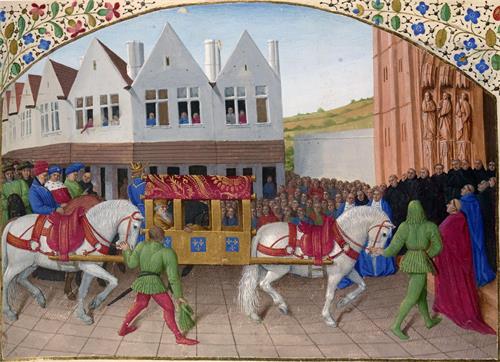图例:法国画家富盖(Jean Fouquet)的小彩画《查理四世抵达圣德尼大教堂》(Arrival of Charles IV at the Basilica Saint-Denis),约作于1455年~1460年间。画家对前景的地板和其它一些地方采用了类似曲线透视的画法,只是略显夸张。