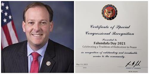 '图2:纽约州第一选区国会议员李·米泽尔丁(Lee m. Zeldin)发来荣誉证书褒奖“法轮大法日”,赞赏法轮功学员二十一年一直坚守的平和理念。'