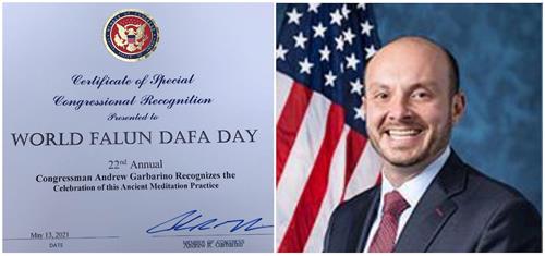 '图3:纽约州第二选区国会议员安德鲁·加巴里诺(Andrew Garbarino)发来荣誉证书褒奖“法轮大法日”并嘉奖庆祝活动。'