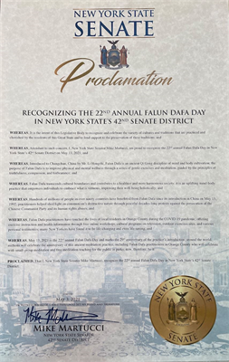 '图4:纽约州参议员迈克·马丁奇(Mike Martucci)颁发的褒奖'