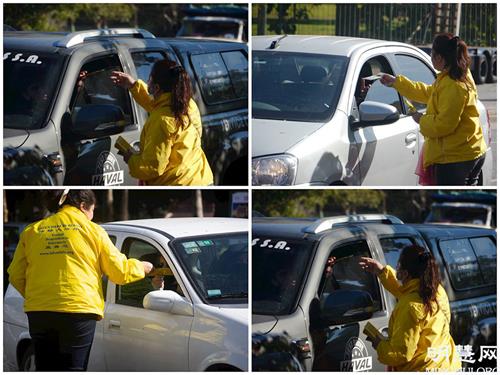 '图6~7:法轮功学员给停红绿灯的车辆派发真相资料,车里的人都很愿意要真相资料。'