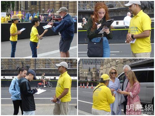 '图9:法轮功学员给路人派发真相传单和征集反迫害签名。'