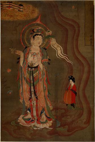 图例:晚唐时期的绢画《引路菩萨图》,作者不详,约作于公元851到900年间,绢本设色,纵80.5厘米,横53.8厘米。1907年由英国考古学家斯坦因(Marc