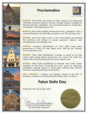 图7：河滨市（City of Riverside）市长颁发褒奖，褒奖世界法轮大法日。