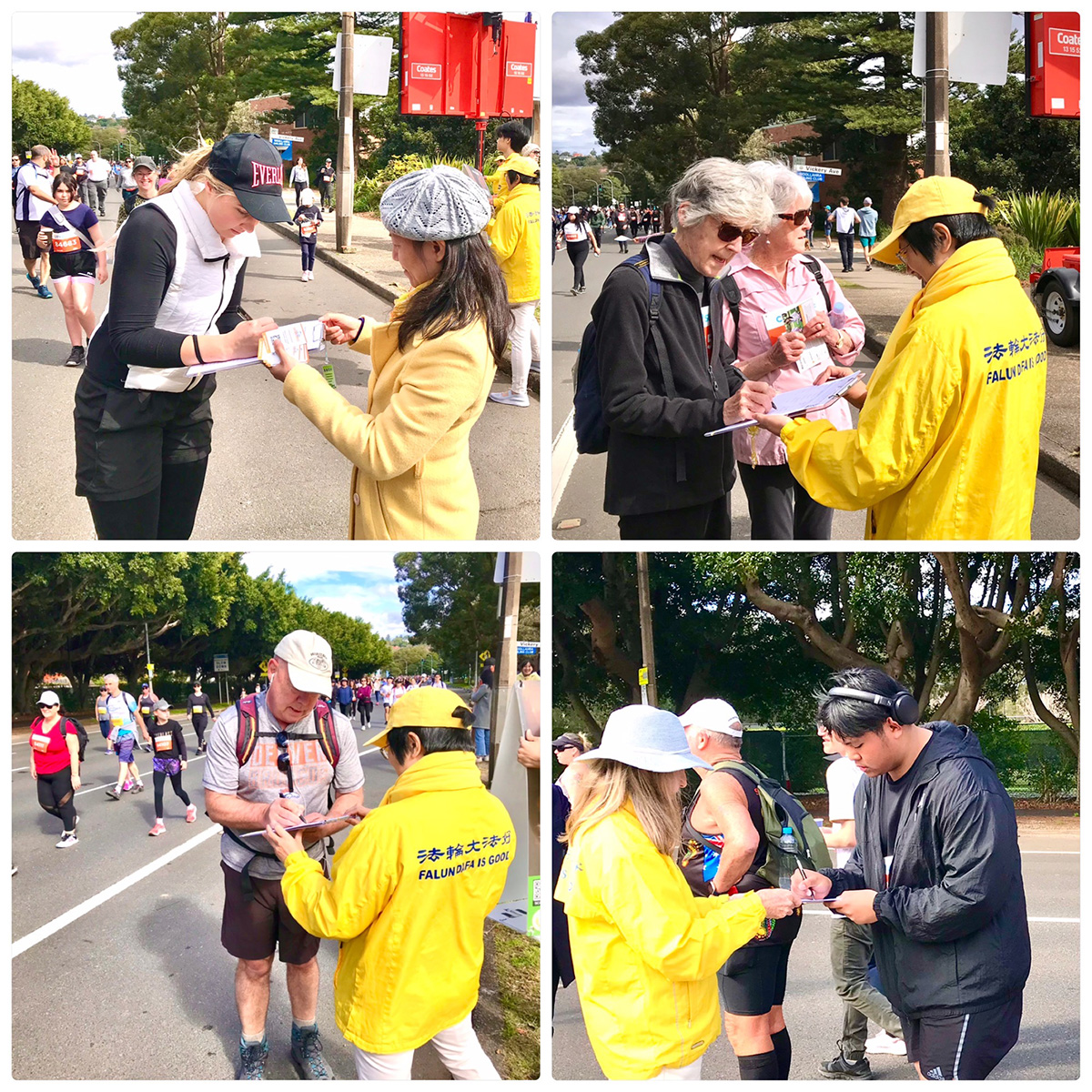 图6~11:许多赛跑者经过法轮功学员的活动场地,纷纷前来签名支持法轮功反迫害。