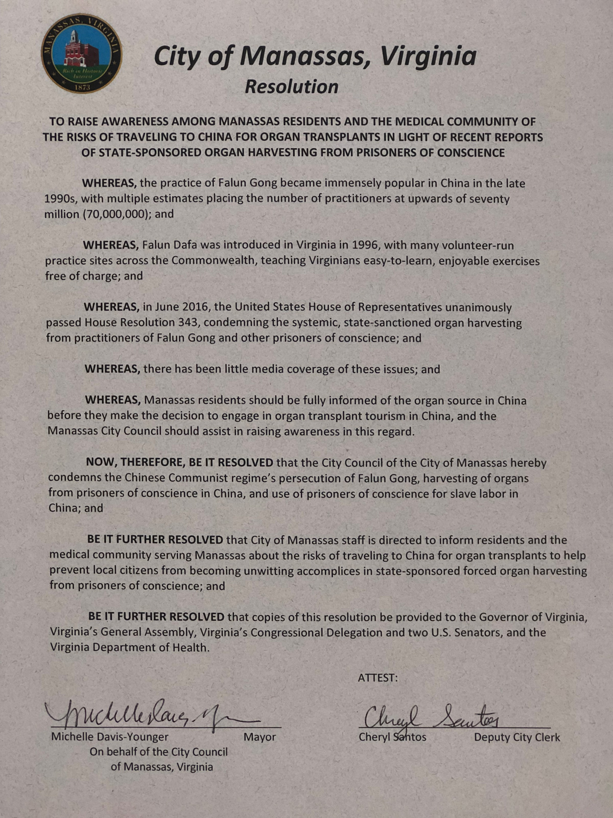 图2:弗州马纳萨斯市通过的谴责中共迫害法轮功、在中国强摘良心犯器官的决议案。