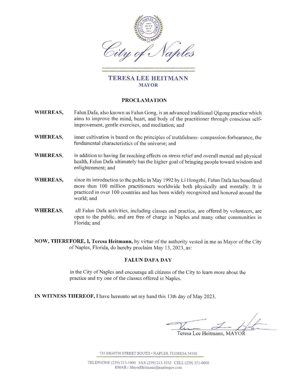 '图4:那不勒斯市(Naples)市长特蕾莎·海特曼(Teresa Heitmann)颁发的褒奖,宣布法轮大法日。'