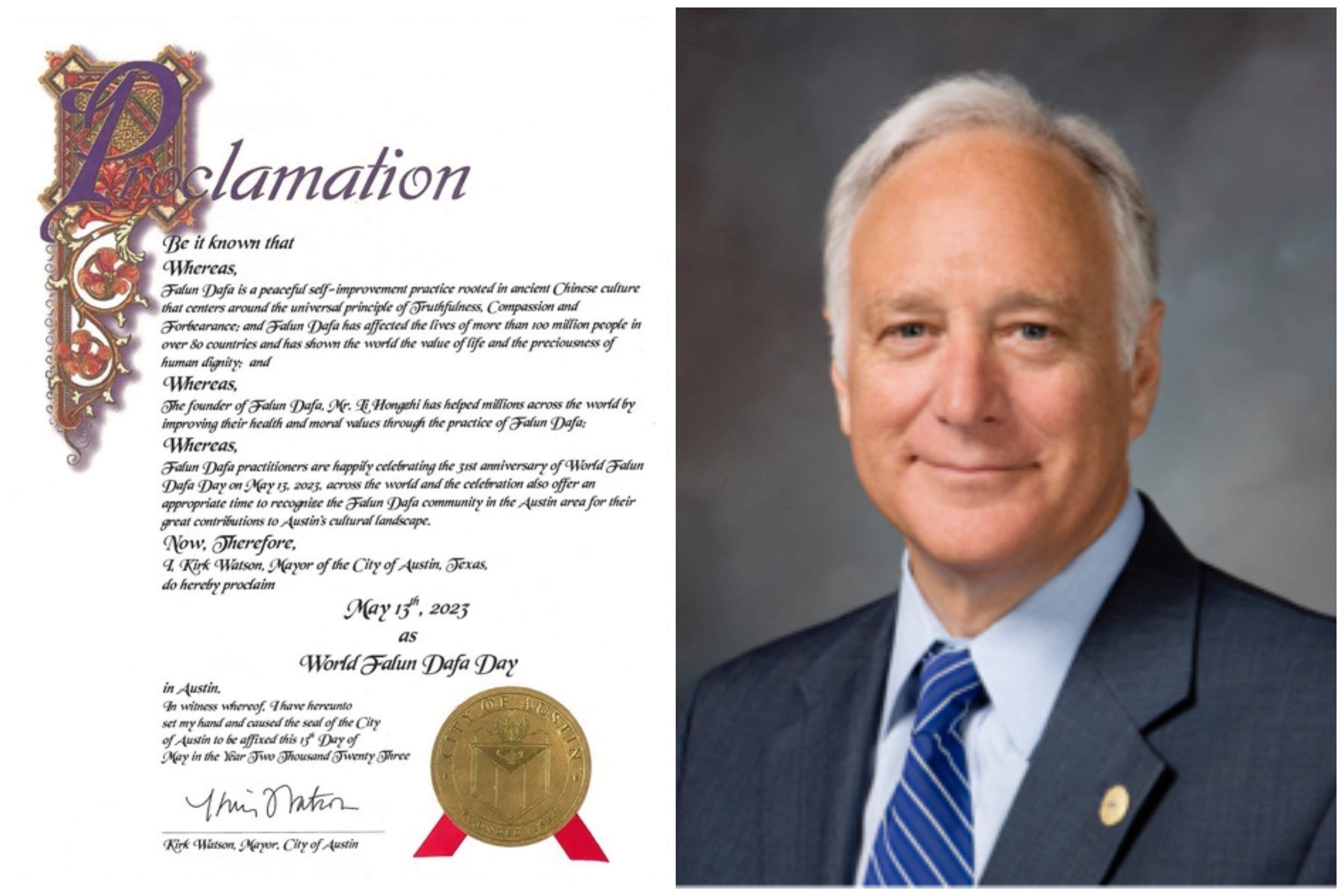 图2:奥斯汀市长科克·沃特逊(Kirk Watson)颁发的褒奖令,宣布法轮大法日。