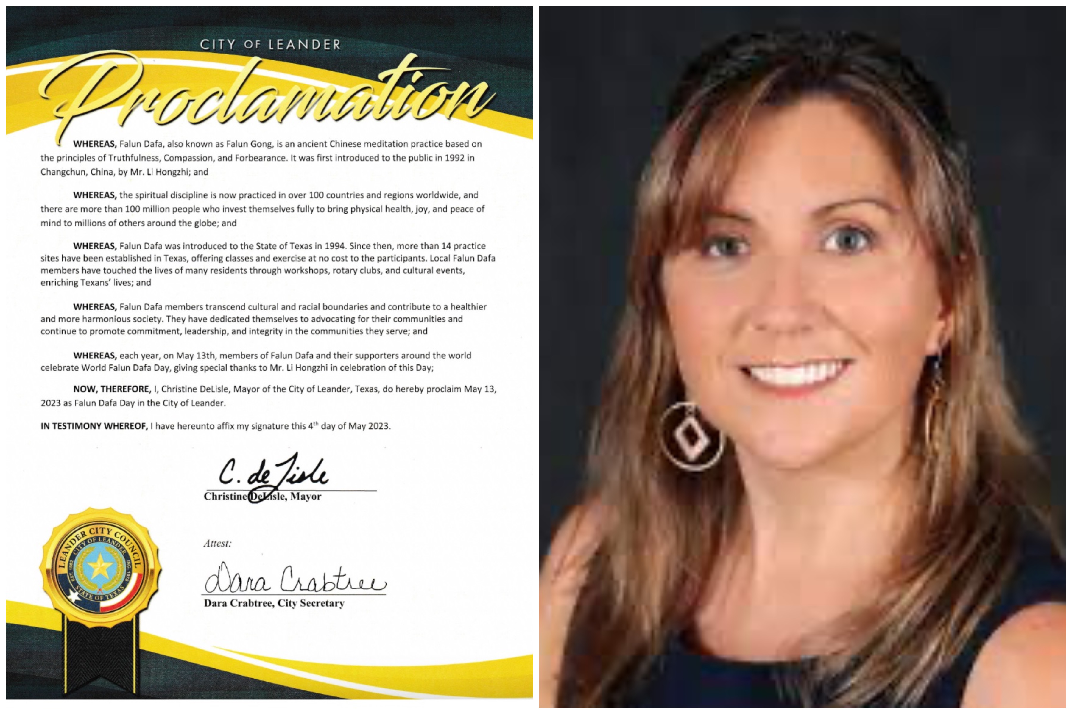 图3:李安德市市长克莉丝汀·德丽丝尔(Christine DeLisle)颁发的褒奖令,宣布法轮大法日。