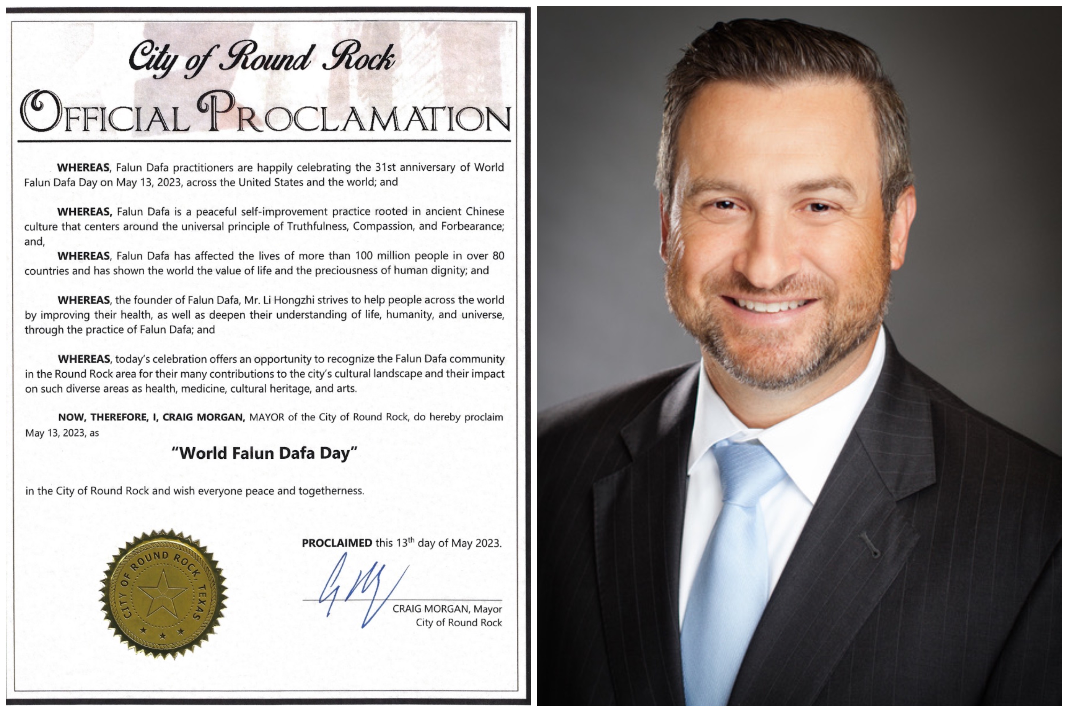 图4:圆石市长克莱格·摩根(Craig Morgan)颁发的褒奖令,宣布法轮大法日。