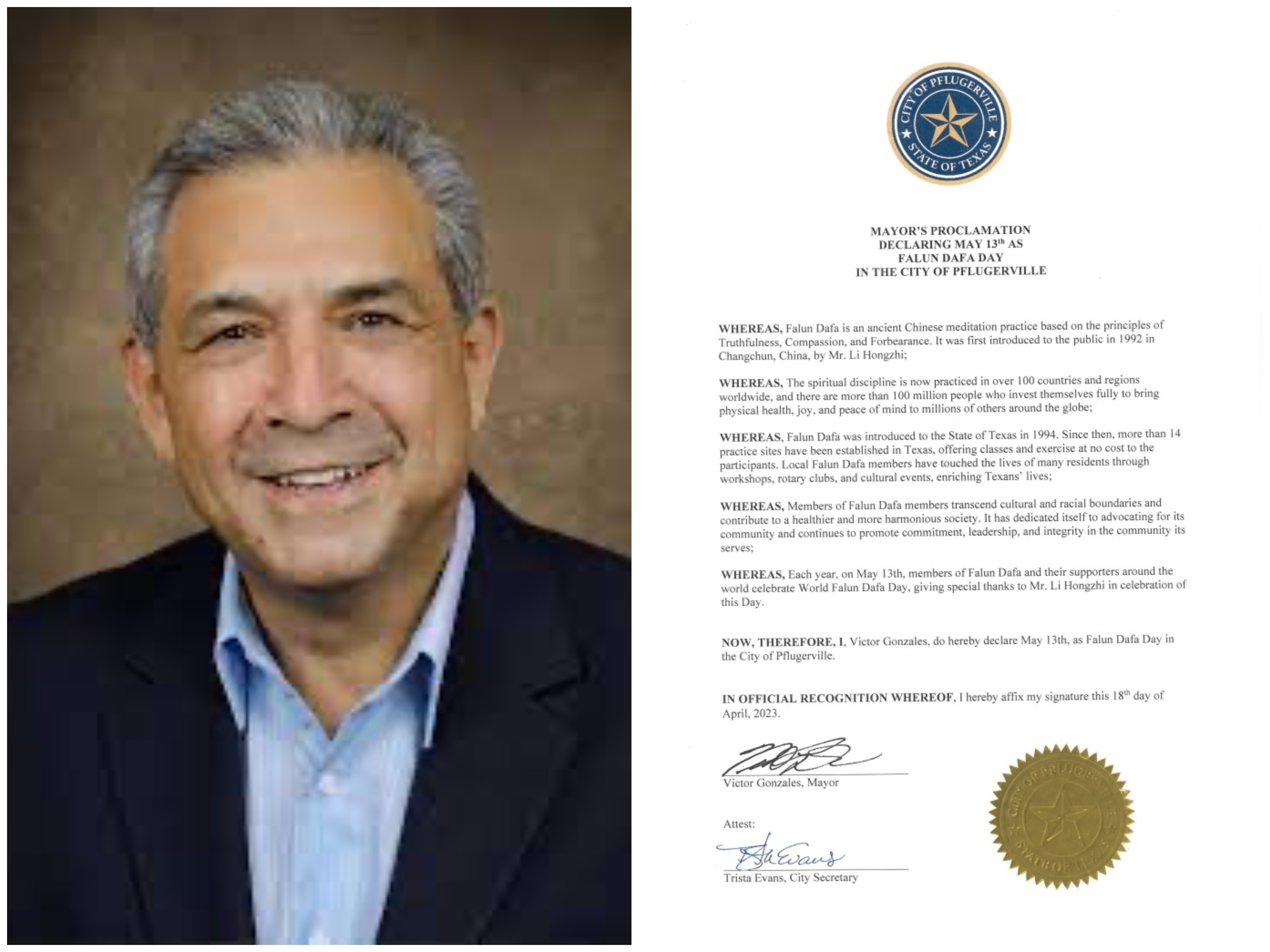 图5:弗卢格威尔市市长维科特·冈泽尔斯(Victor Gonzales)颁发的褒奖令,宣布法轮大法日。