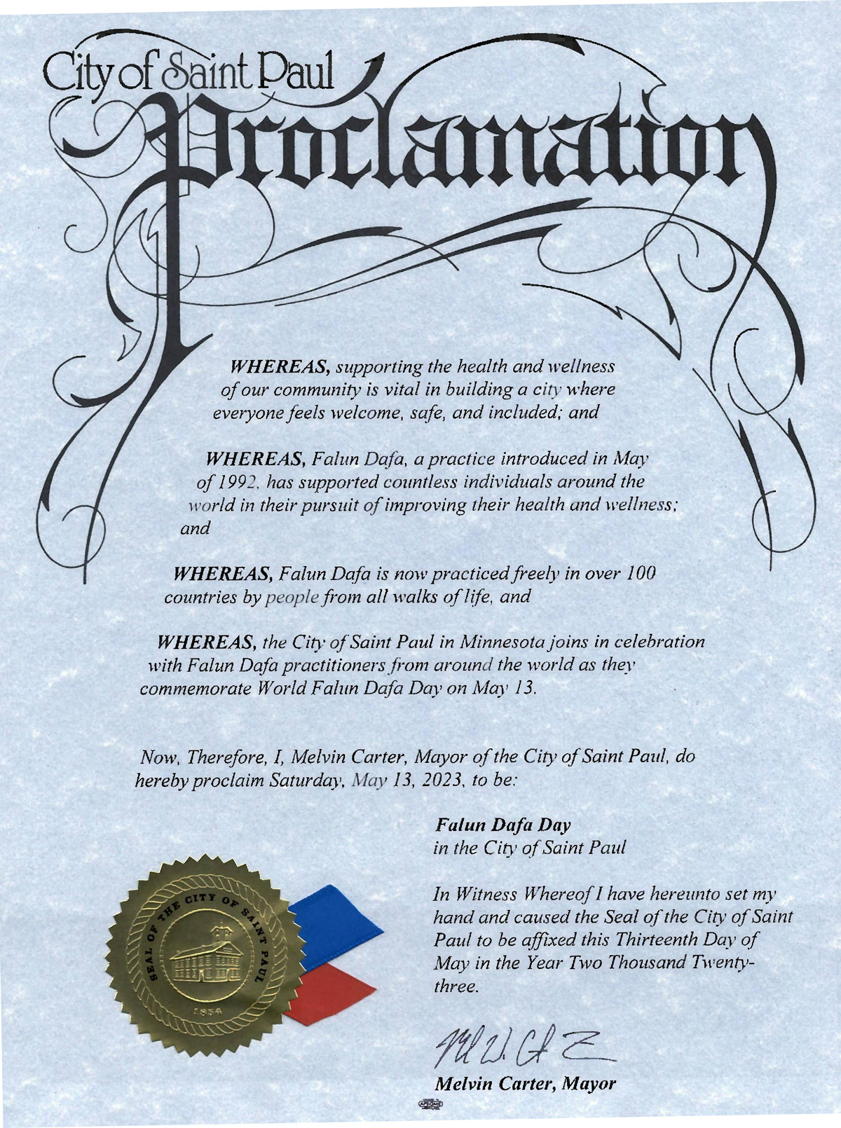 图2:明尼苏达州圣保罗市市长表彰证书