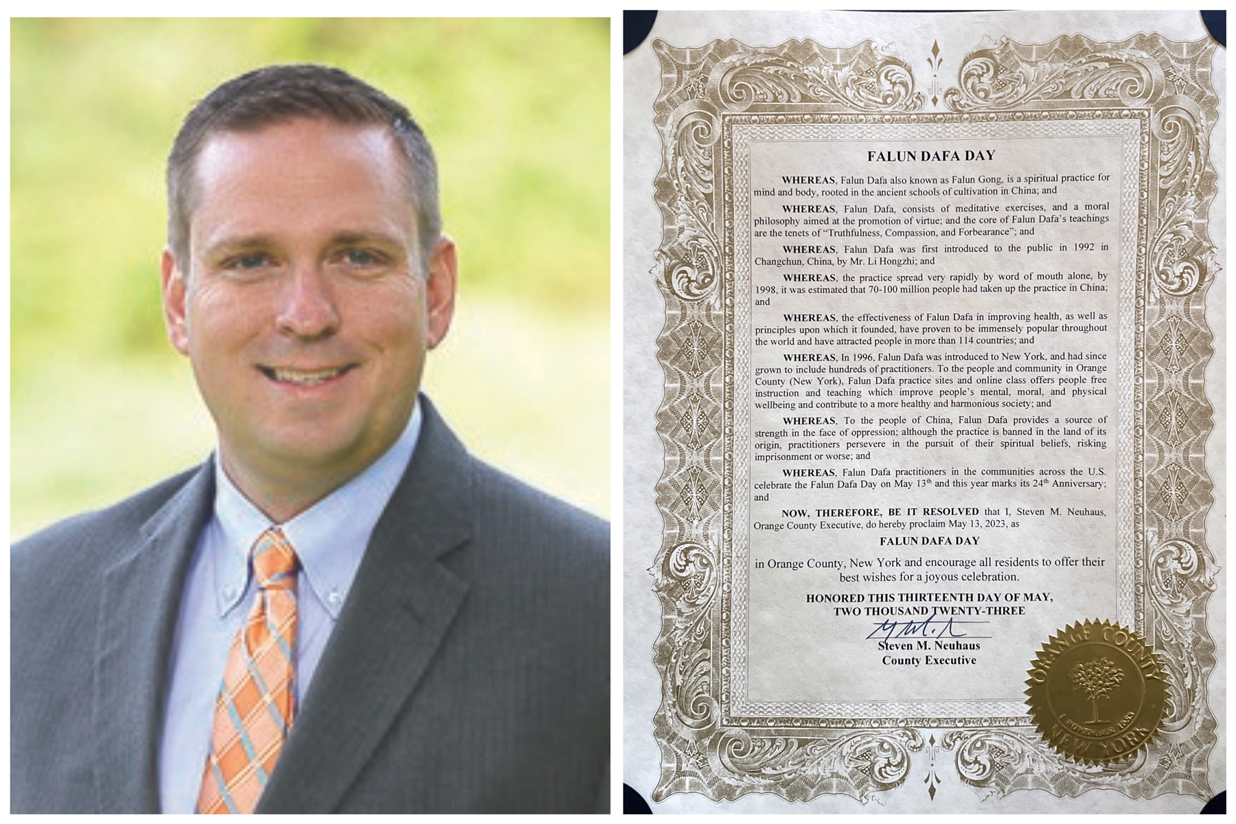 图1:纽约州橙县县长史蒂文·诺伊豪斯(Steven M. Neuhaus)宣布法轮大法日。
